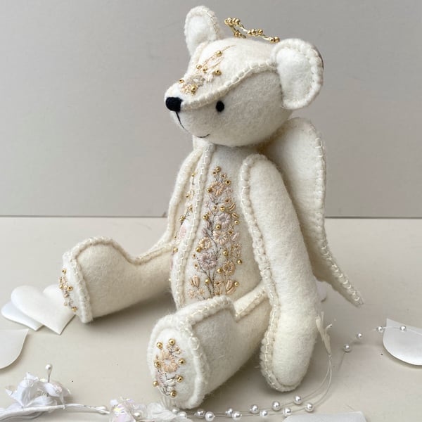 Goldwork embroidered Angel keepsake bear, collectors guardian angel teddy bear