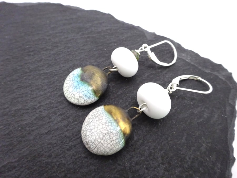 lampwork glass earrings, sterling silver and white ceramic jewellery