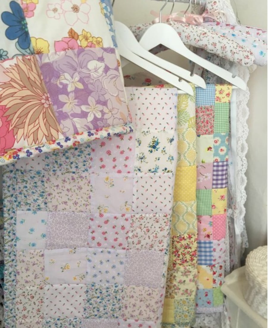  Patchwork baby  pram blanket ,bedding,blanket  with pale pink  back  