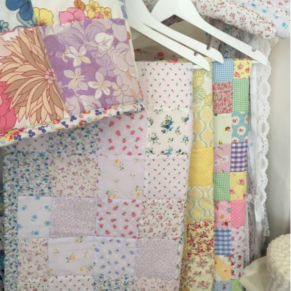  Patchwork baby  pram blanket ,bedding,blanket  with pale pink  back  