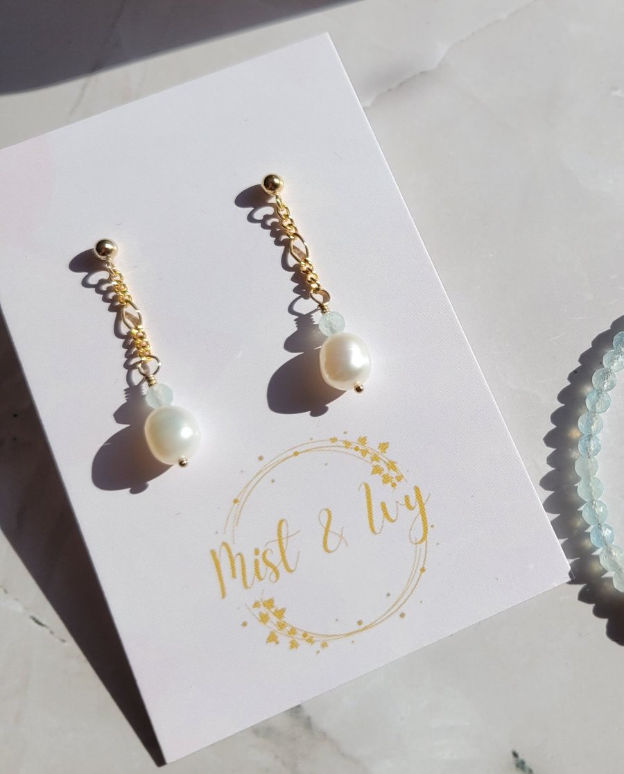 Pearl and Aquamarine Earrings 14kt Gold Filled, Non Tarnish Gemstone Earrings