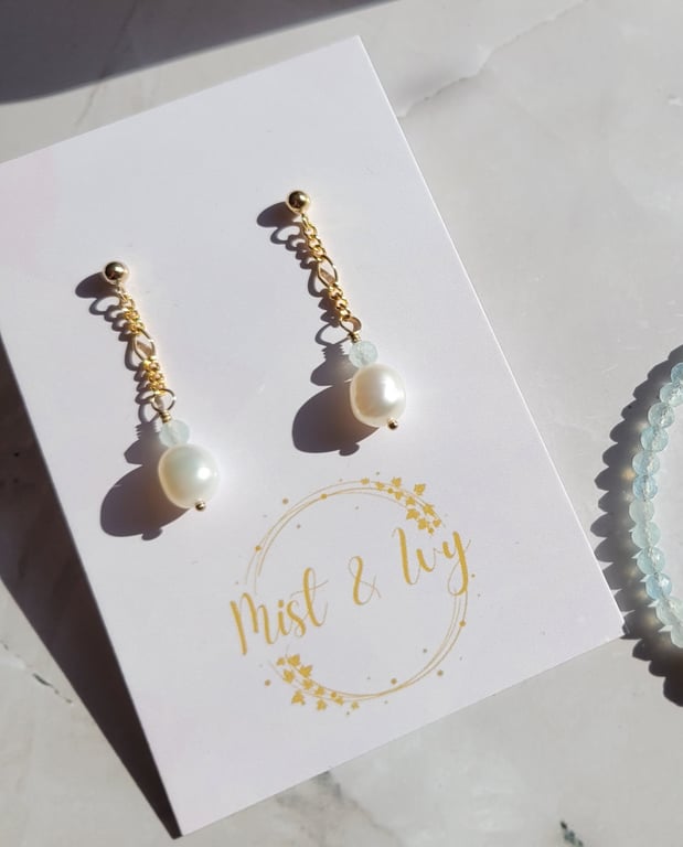 Pearl and Aquamarine Earrings 14kt Gold Filled, Non Tarnish Gemstone Earrings