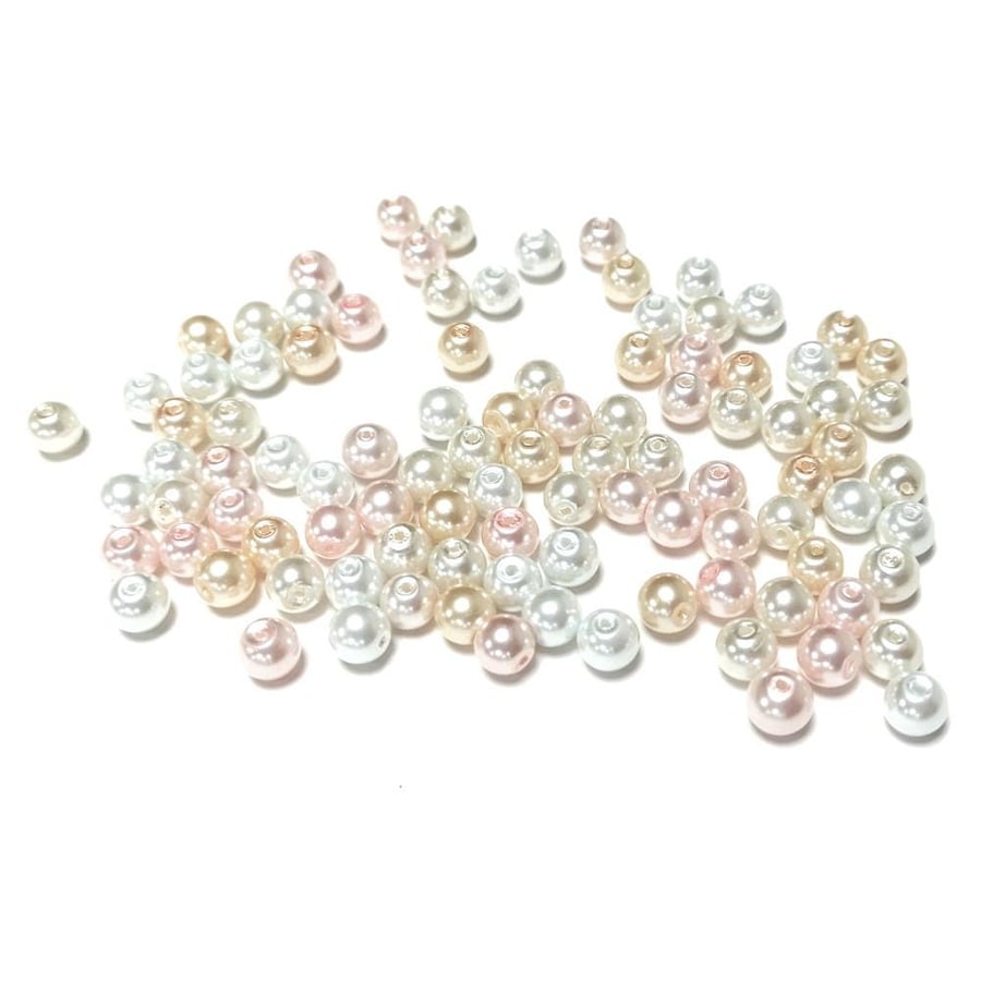 WhiteChampagne 8mm Pearlised Plain Round Glass Beads, Pack of 100x, 1mm Hole