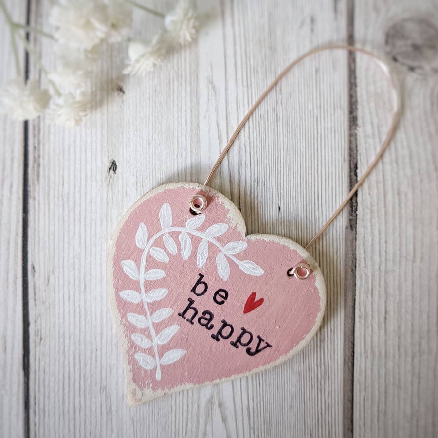 Hand Painted Wooden Heart Hanging Decoration 'Be Happy'