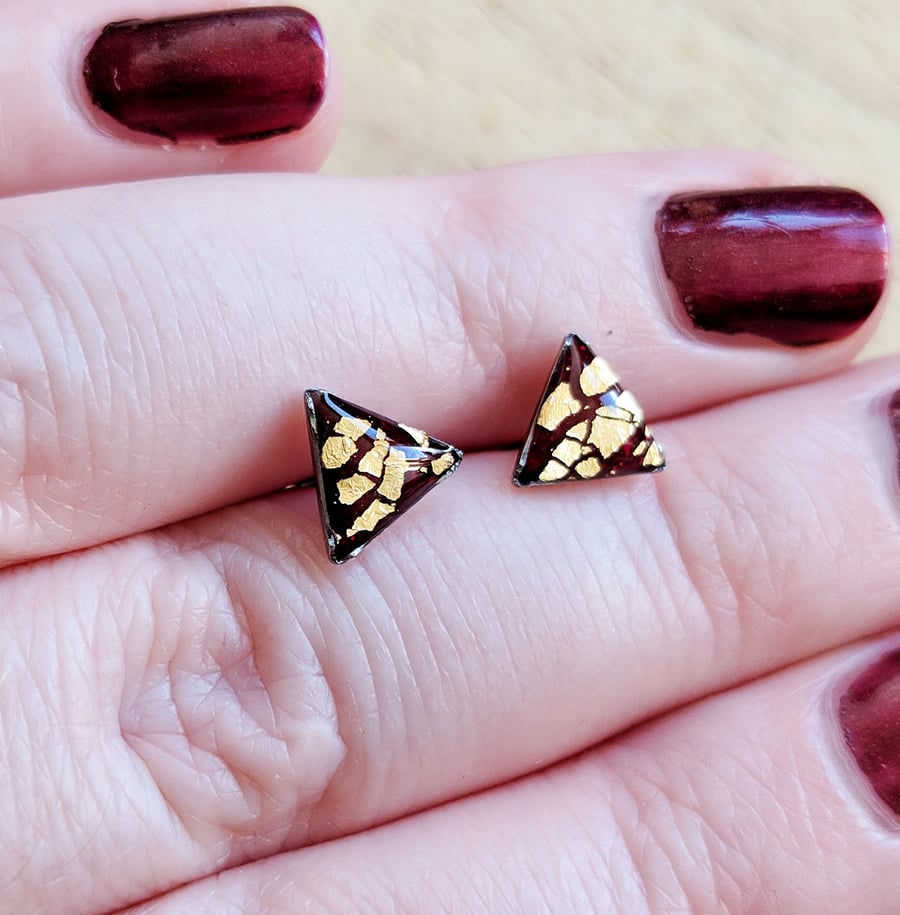 Burgundy and gold triangle stud earrings