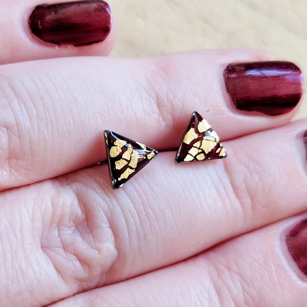 Burgundy and gold triangle stud earrings