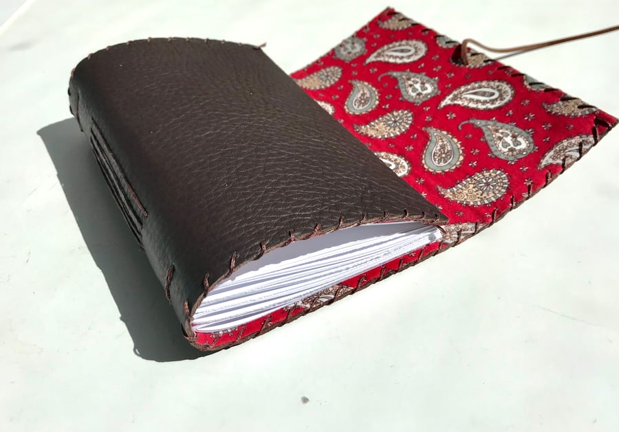 A6 Fold Over Brown Leather handmade notebook paisley fabric lining plain paper 