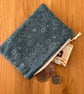 Small zipped fabric coin purse, pouch, in a blue and cream paisley pattern