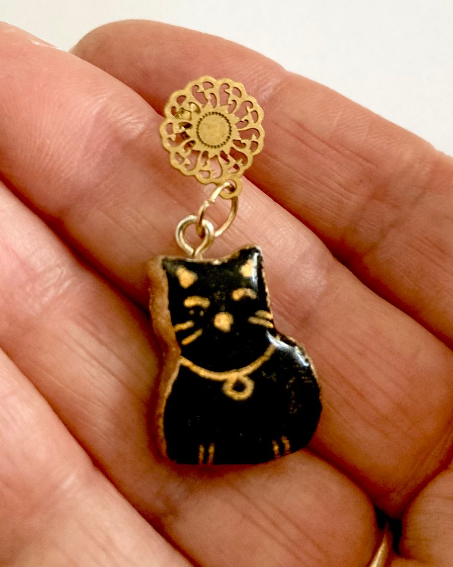Lucky Black Cat Pendant Necklace & Earrings Set Handcrafted Clay Charm Jewellery