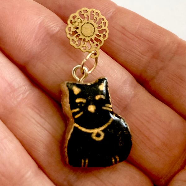Lucky Black Cat Pendant Necklace & Earrings Set Handcrafted Clay Charm Jewellery