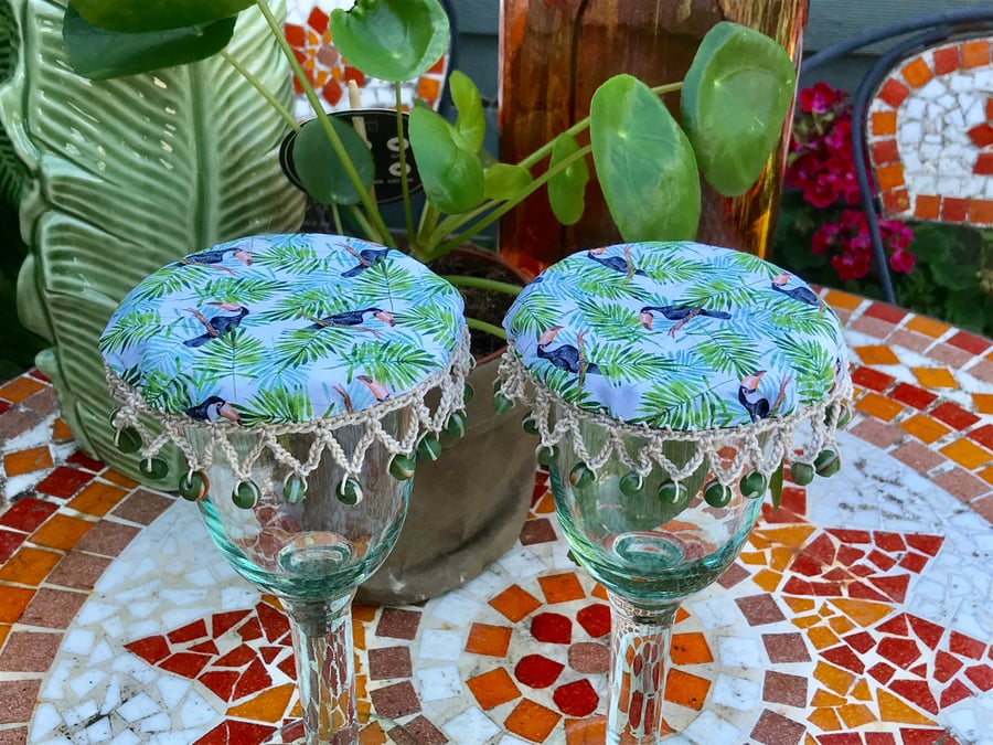 Toucan wine glass cover, crochet and beads fabric jug cosy, toucan mug cosy