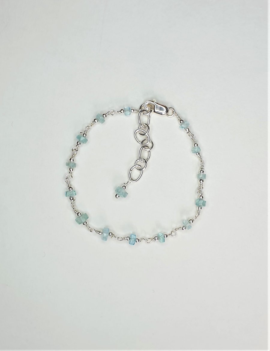 Dainty Aquamarine And 925 Sterling Silver Rosary Linked Bracelet