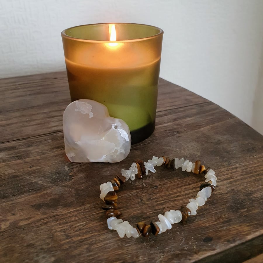 Flower agate palm stone with tiger eye and moonstone bracelet set