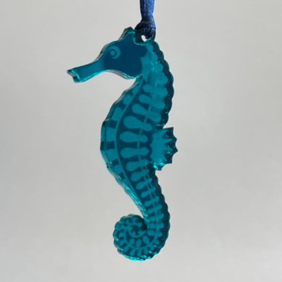 Teal mirrored acrylic seahorse decoration