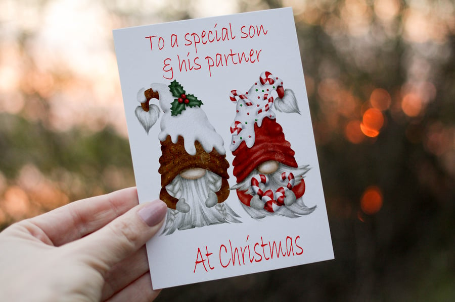 Special Son & His Partner Gnome Christmas Card, Son Christmas Card, Personalized