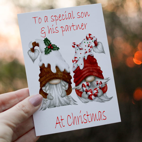 Special Son & His Partner Gnome Christmas Card, Son Christmas Card, Personalized