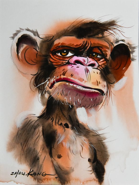 Funny Monkey Watercolour Painting on Paper and Framed (One of a Kind) No.2
