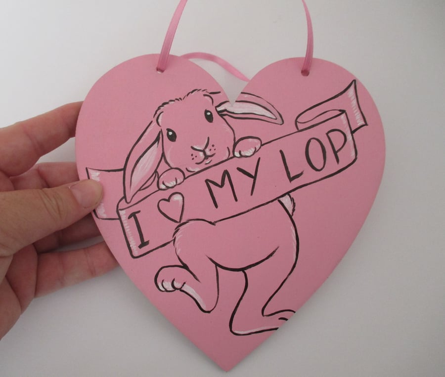 Bunny Rabbit Decorative Hand Painted Heart in Pink Lop Ears