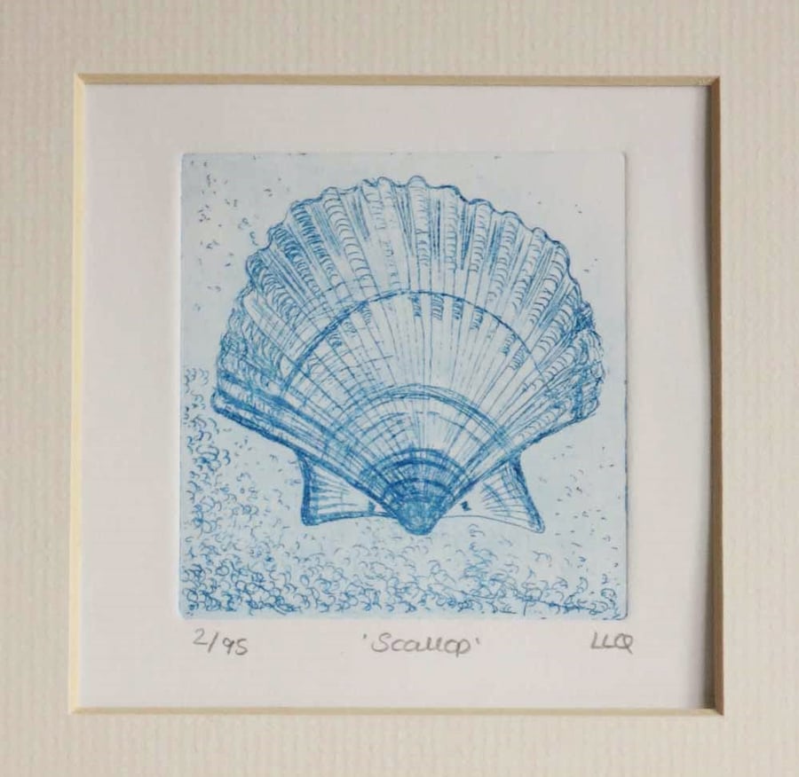 Scallop hand printed sea shell etching print