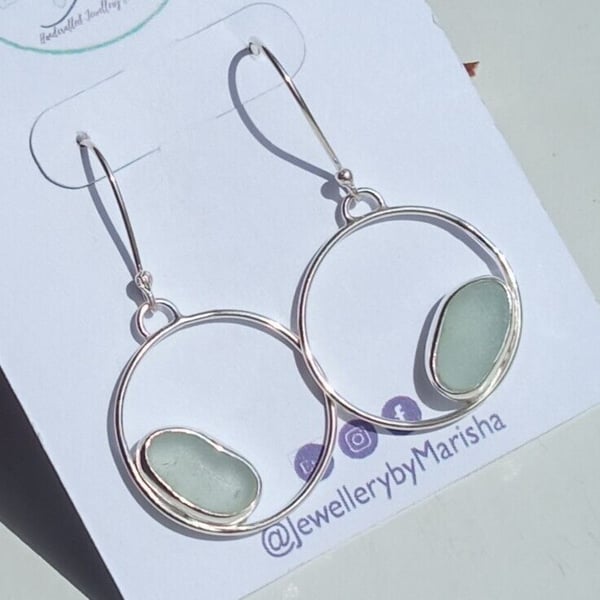 Fine & Recycled Sterling Silver Cornish Seaglass Hoops Earrings Aqua