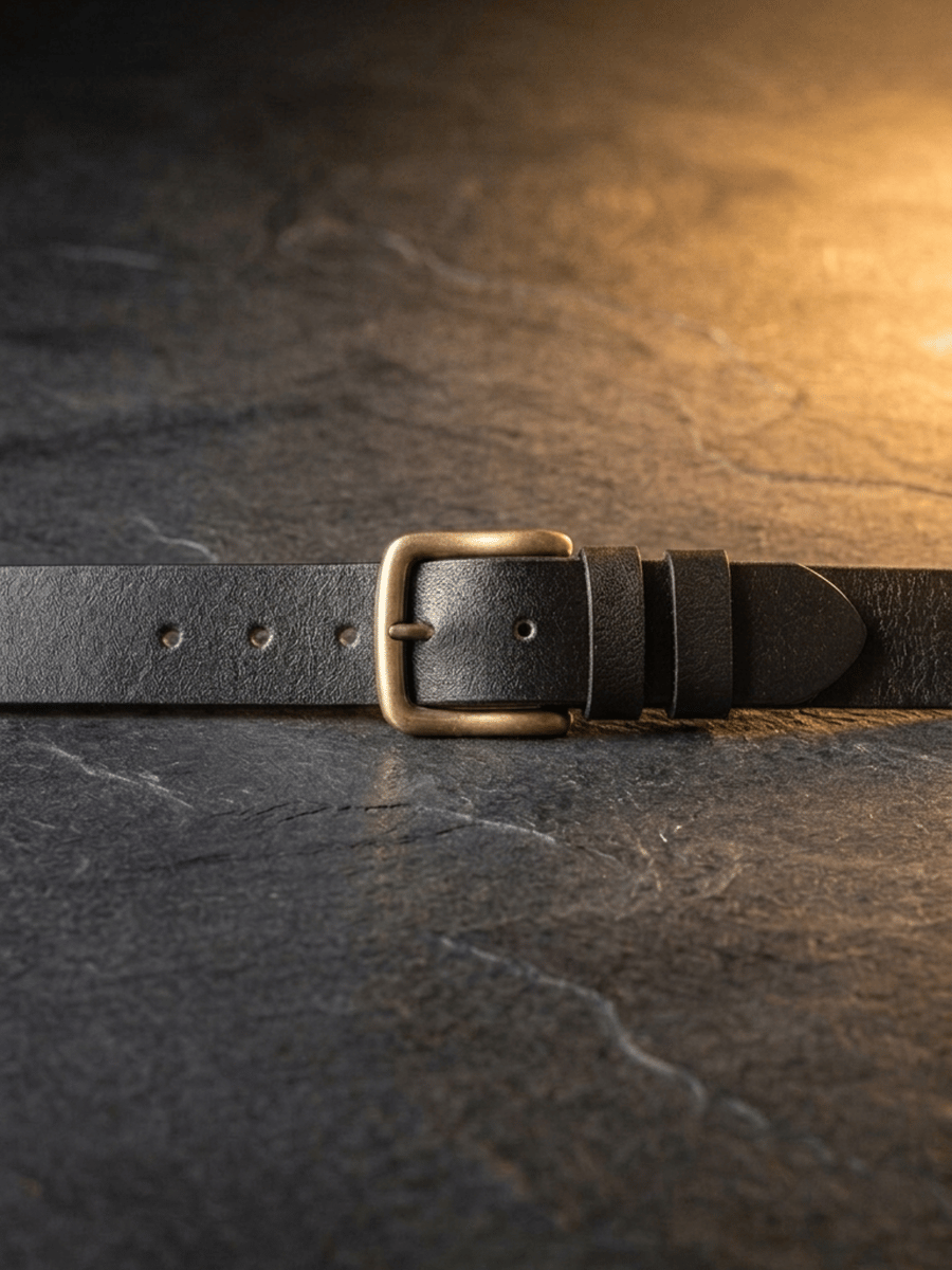 Black Full Grain Leather Belt Antique Brass Buckle Mens Jeans Belt 38mm