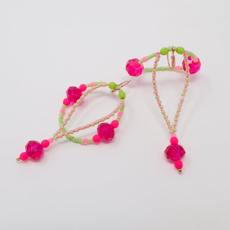 Statement Bright Neon Pink and green beaded dangle earrings.