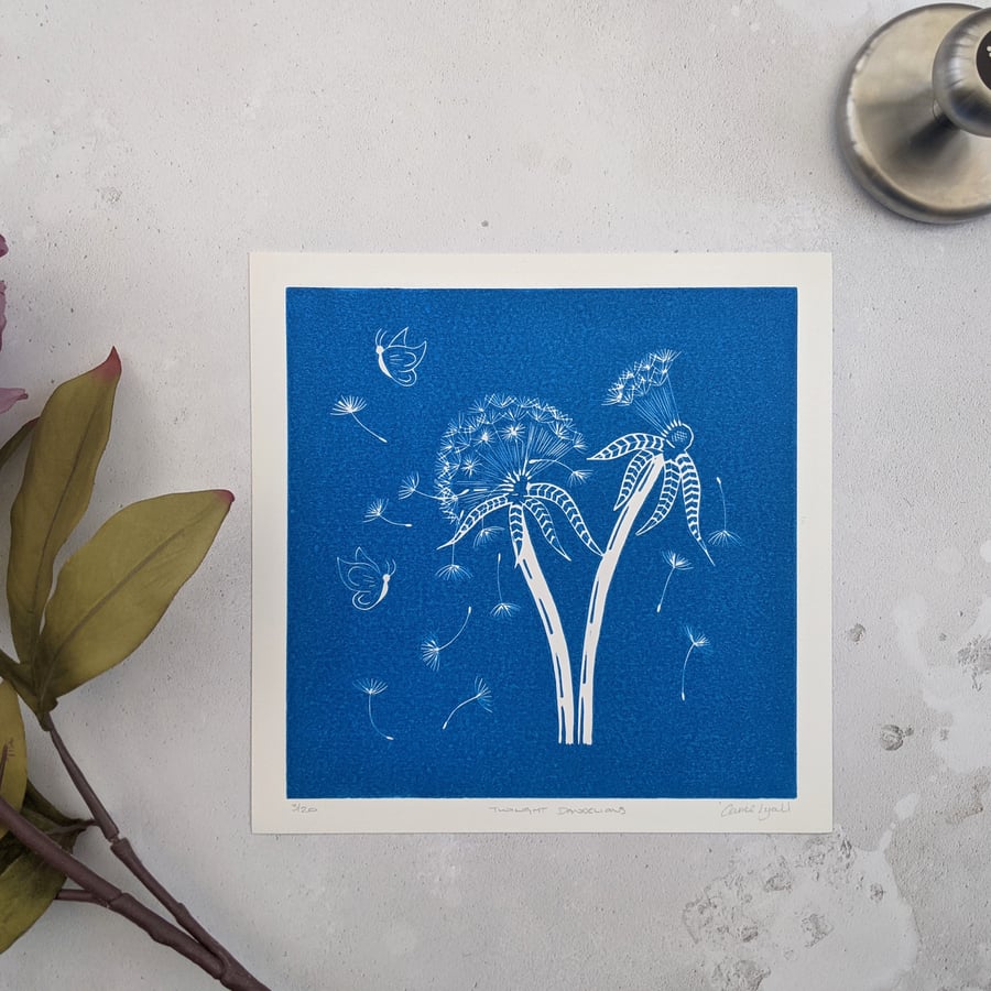 Blue Dandelion Linocut Print SECOND Folksy