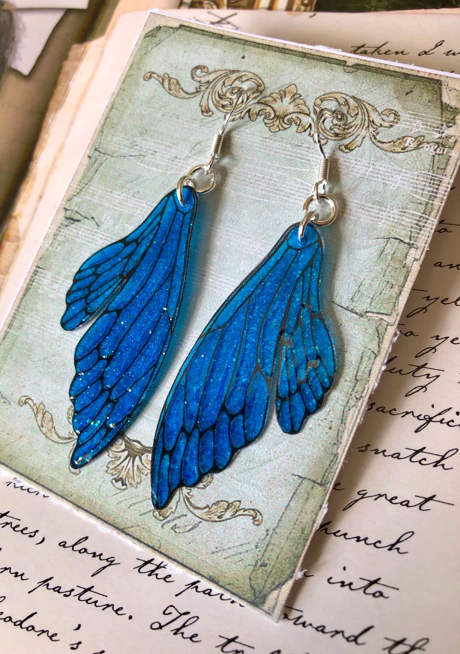 Sparkling Blue Double Fairy Wing Earrings Sterling Silver