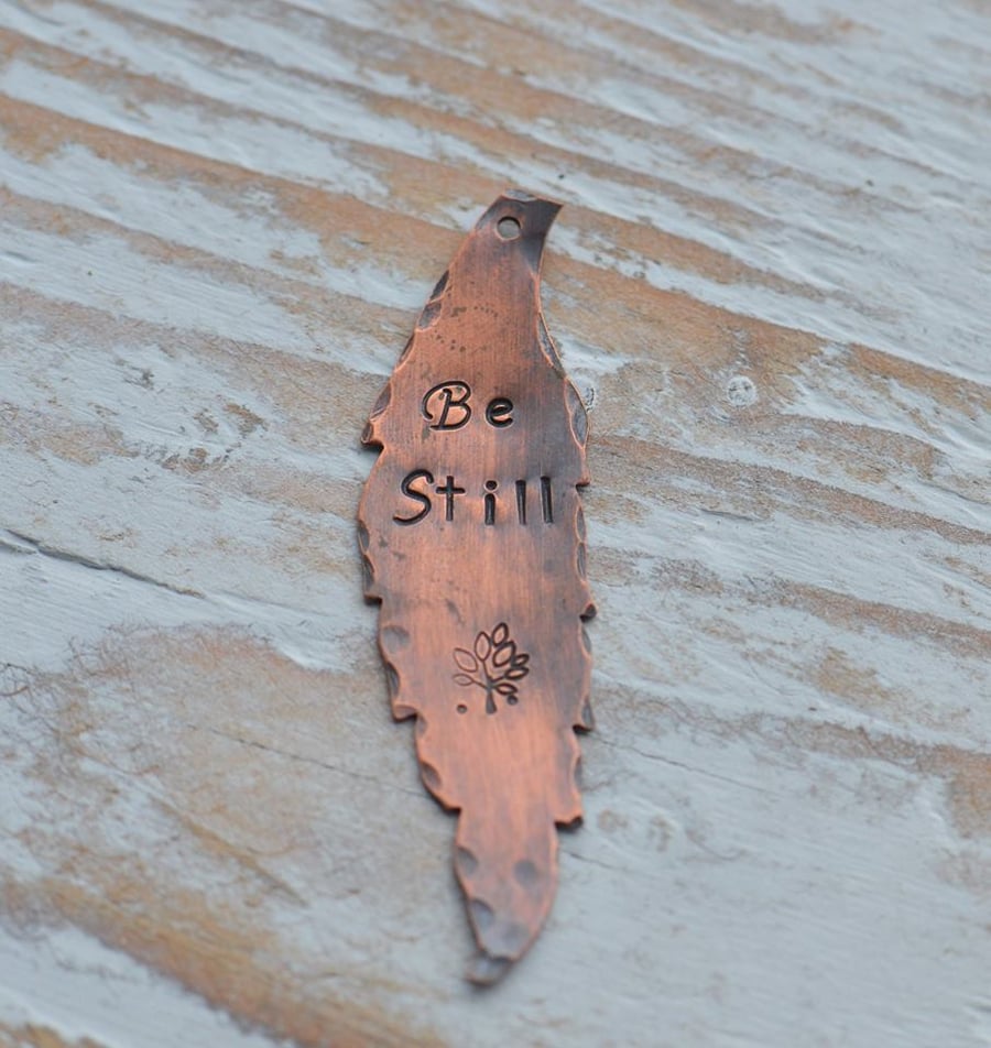 Handmade Copper Be Still Hand Stamped Leaf Pendant