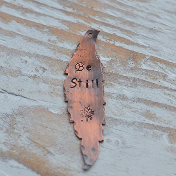 Handmade Copper Be Still Hand Stamped Leaf Pendant