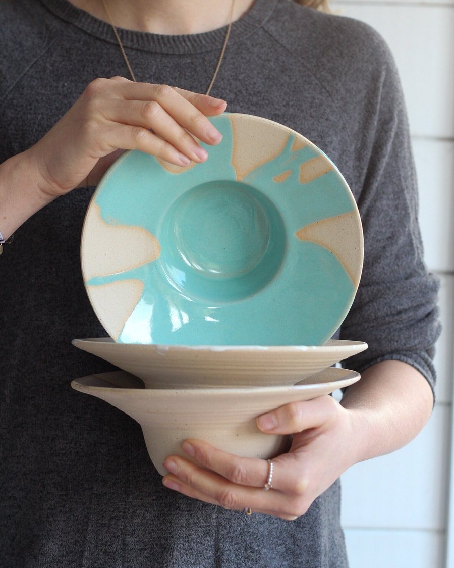 Ceramic Hand Thrown Dishes - 'Splash' Bowls - Unusual Pottery Dish - Blue glaze 