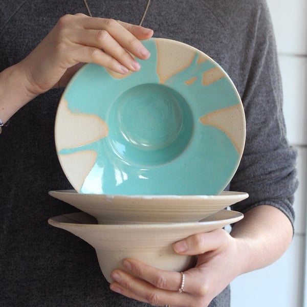 Ceramic Hand Thrown Dishes - 'Splash' Bowls - Unusual Pottery Dish - Blue glaze 