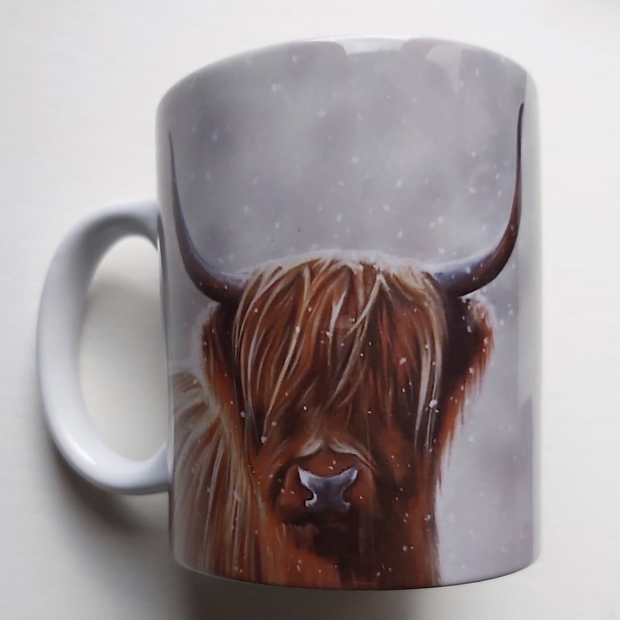 Snowy highland cow mug