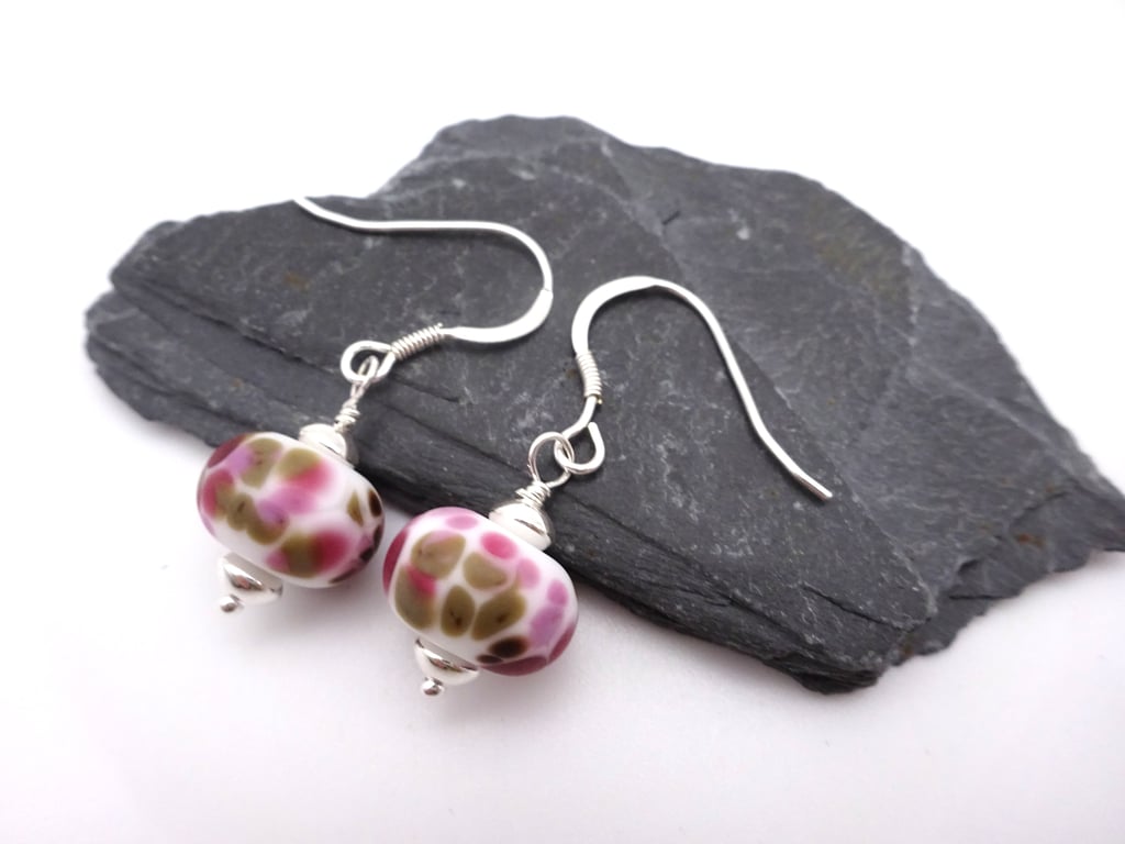 pink speckled lampwork glass earrings