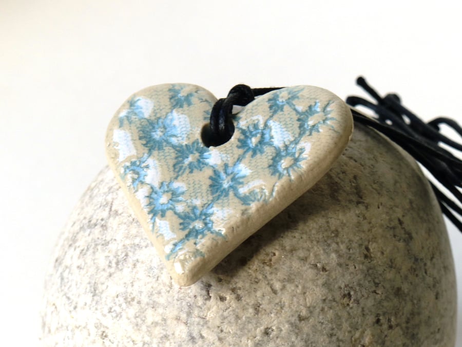 Blue and White Lace Heart Ceramic Necklace, Pottery UK