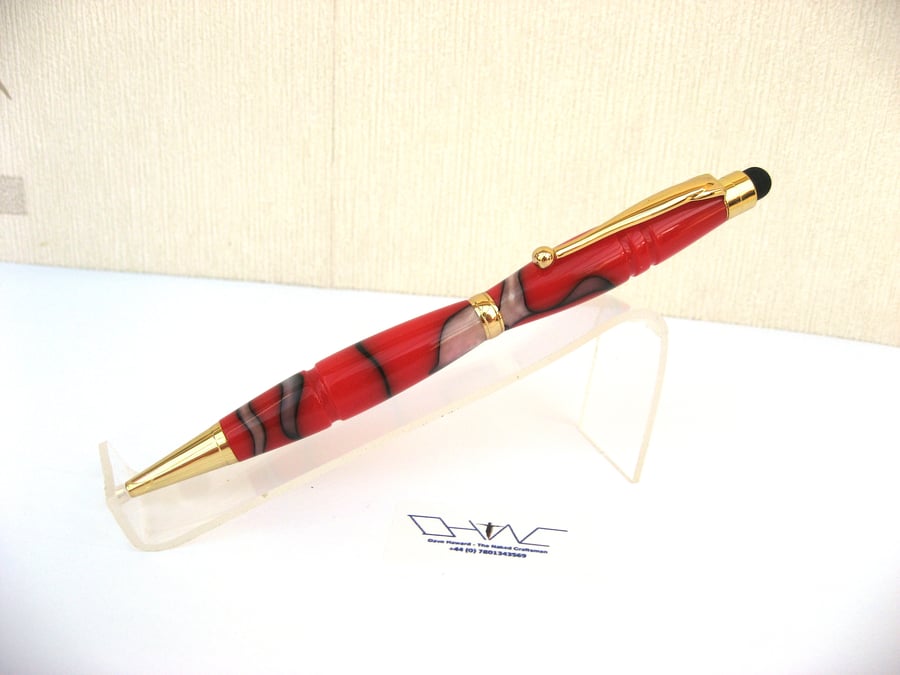 Hand Made Red Acrylic Ball Point Stylus Pen with Velvet Pouch