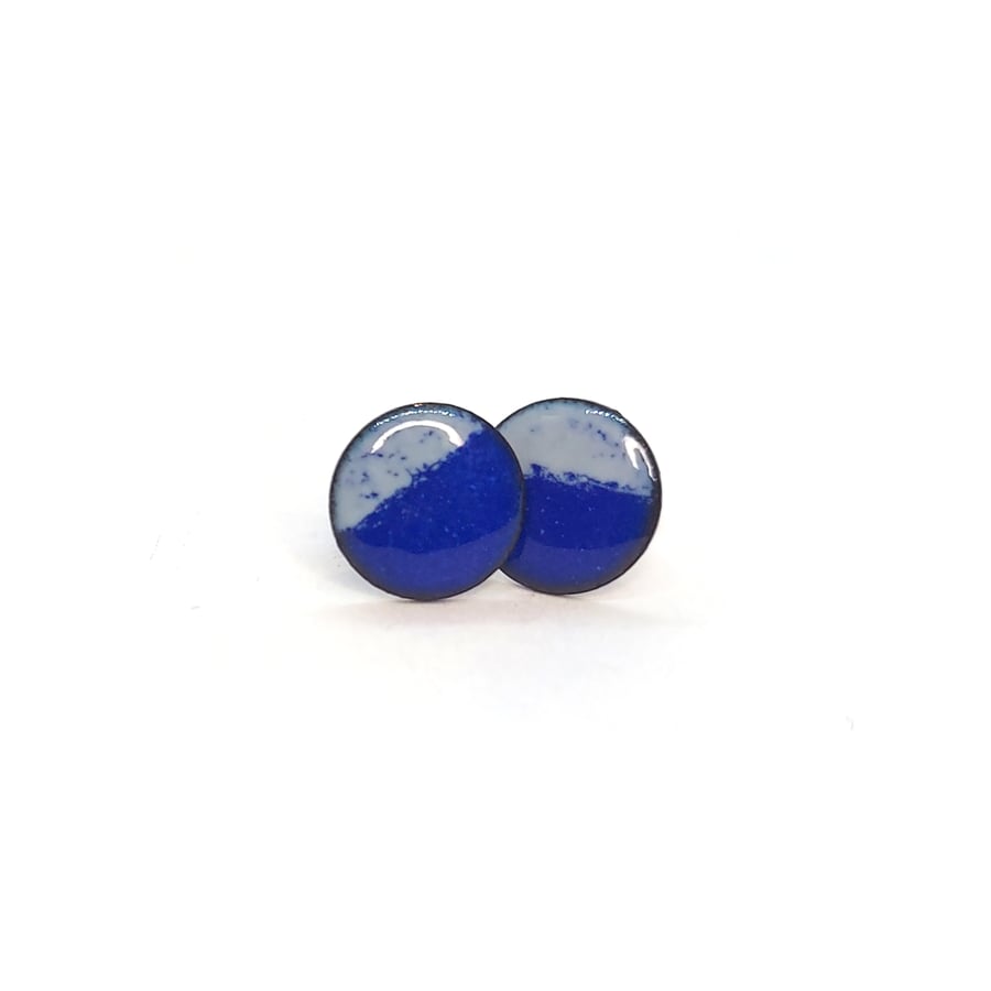 Two-tone blue and grey enamel round stud earrings