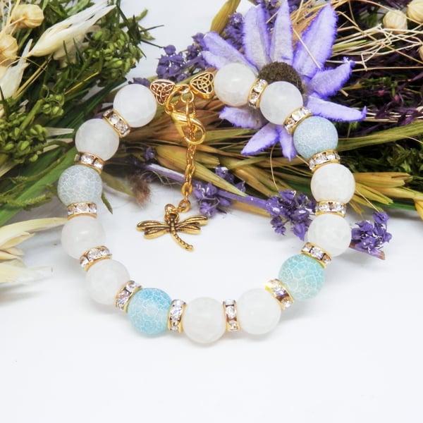 Gold Plated Memory Wire Agate Beaded Bracelet