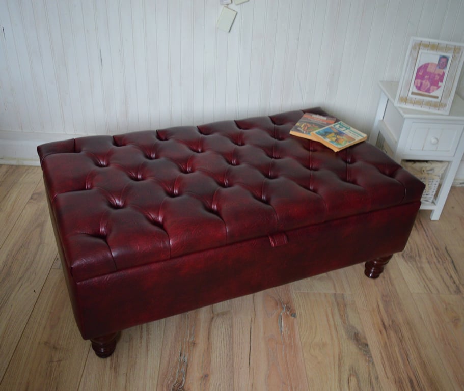 Chesterfield Storage Ottoman Footstool in a Premium Faux Wine Leather