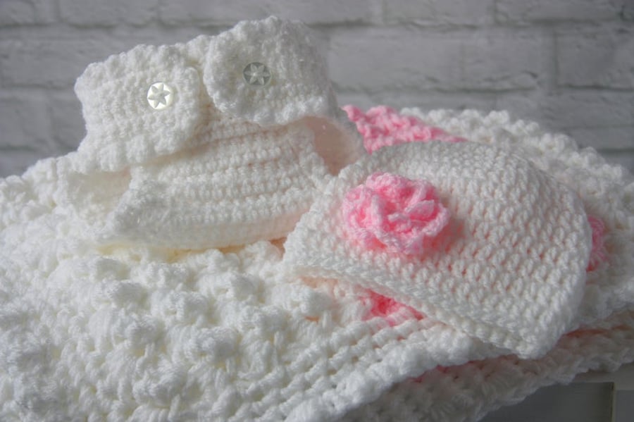 Crochet Baby Blanket, Diaper Cover, Baby Beanie Hat Gift Set. Made to order.