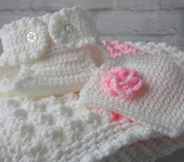 Crochet Baby Blanket, Diaper Cover, Baby Beanie Hat Gift Set. Made to order.