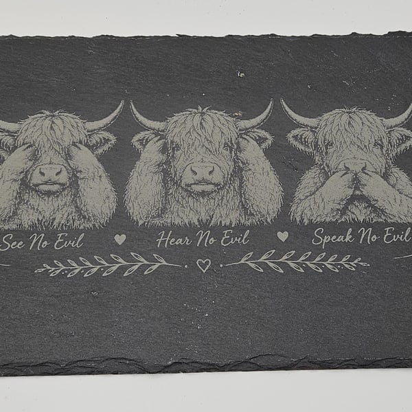 Highland Cow Slate Serving Board See Hear Speak No Evil Cheese Board Charcuterie