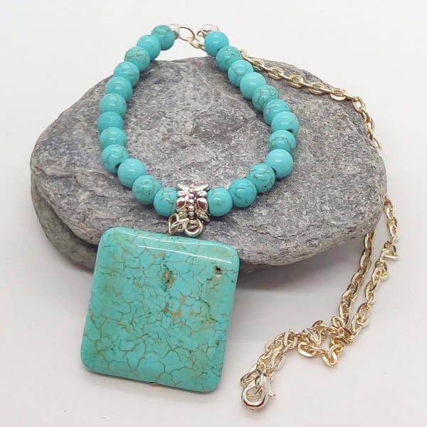 Blue Turquoise Square Pendant on a Turquoise Bead and Chain Necklace
