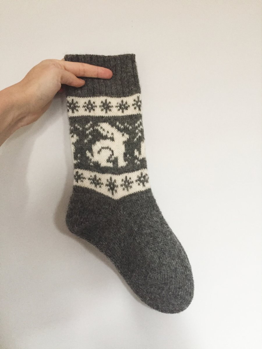 READY TO SHIP White Grey Wool Socks Grey Rabbit Bunny Hare Fairisle Winter