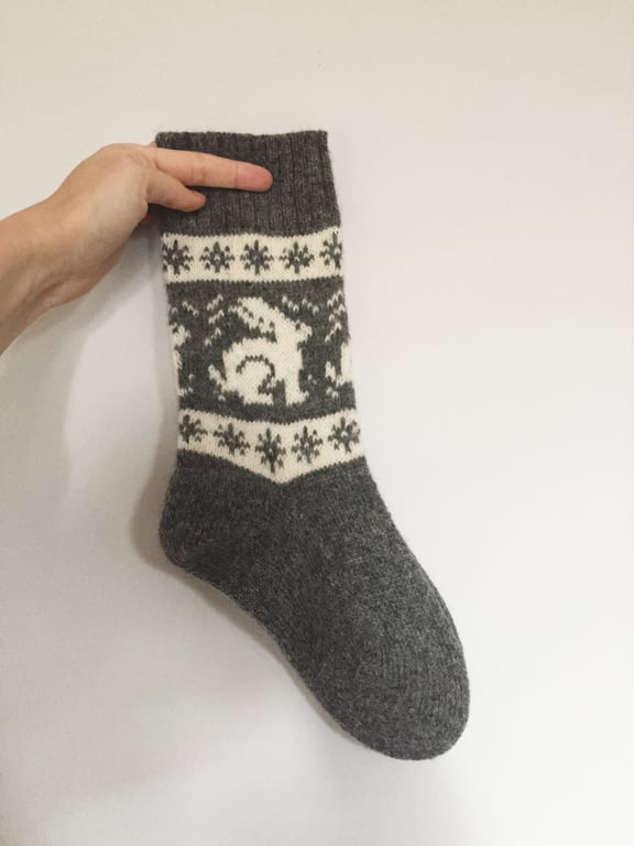 READY TO SHIP White Grey Wool Socks Grey Rabbit Bunny Hare Fairisle Winter