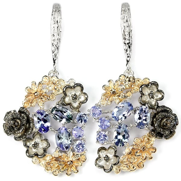 Tanzanite Romantic Art Nouveau style Floral Posy Dropper earrings