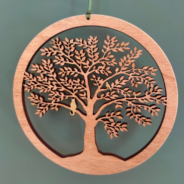 Tree with Cat and Bird - small wooden wall hanging