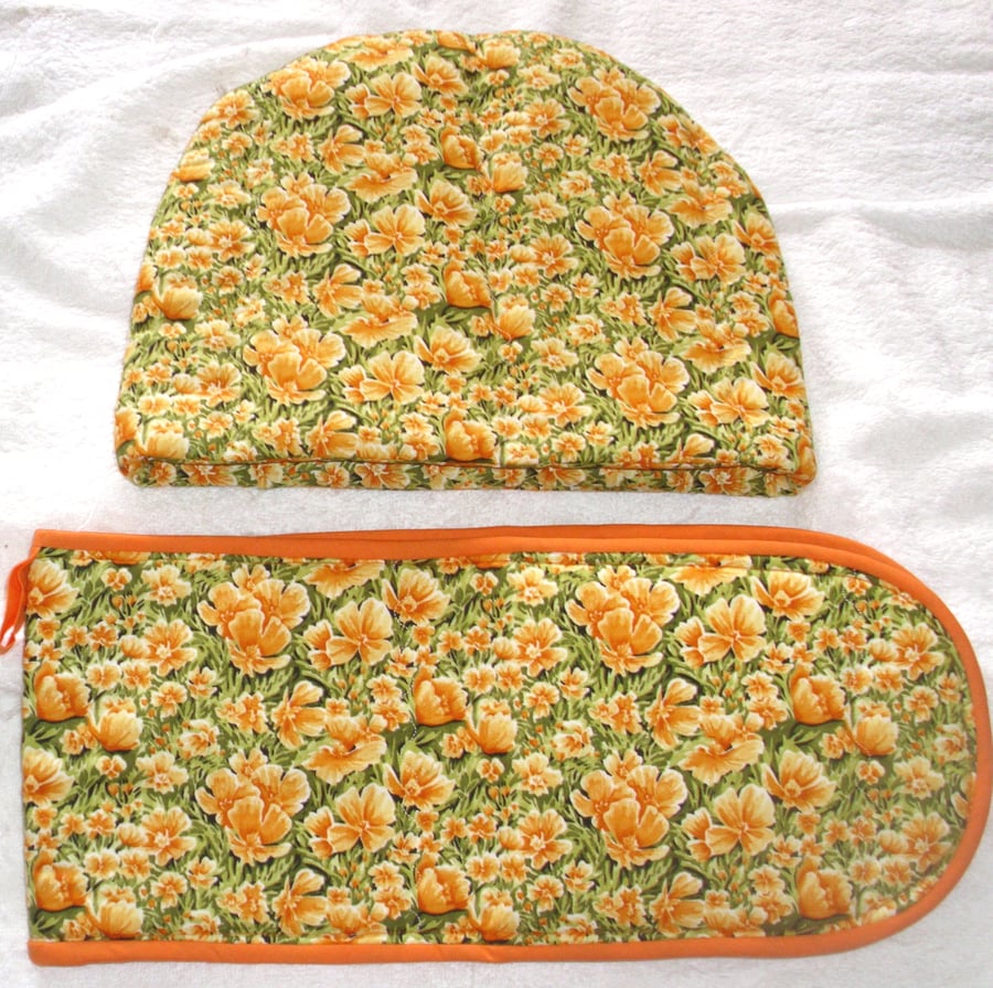 Bright Yellow flowers Tea cosy and oven gloves