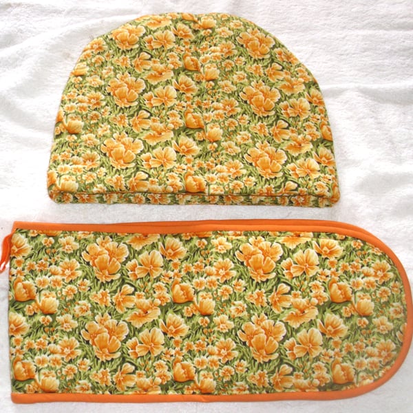 Bright Yellow flowers Tea cosy and oven gloves