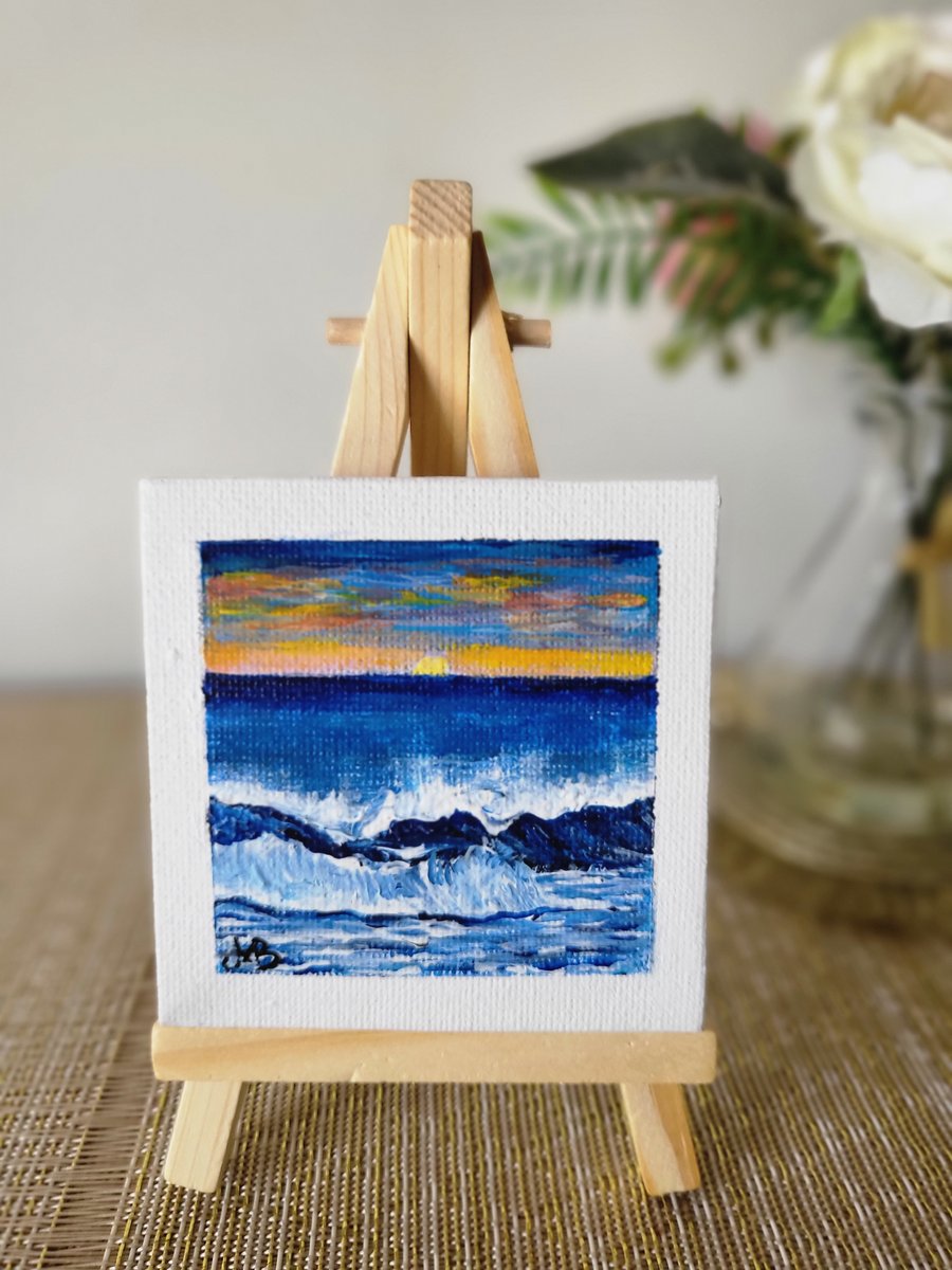 Original acrylic painting ocean sunset mini canvas seascape 